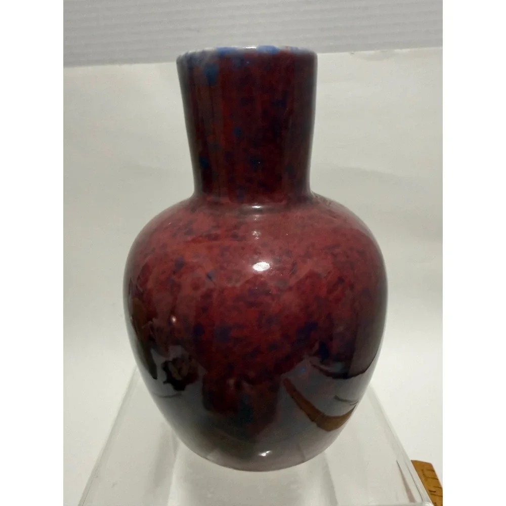 Vintage Studio Pottery Vase Oxblood Red Blue Mottled Glaze Bulbous Pottery MCM
